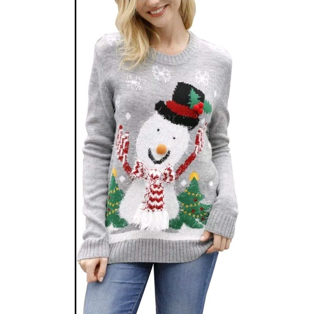 Merry Christmas Sweater sz M Xmas Ugly Party Snowman Puffy Nose Silly Snowflakes